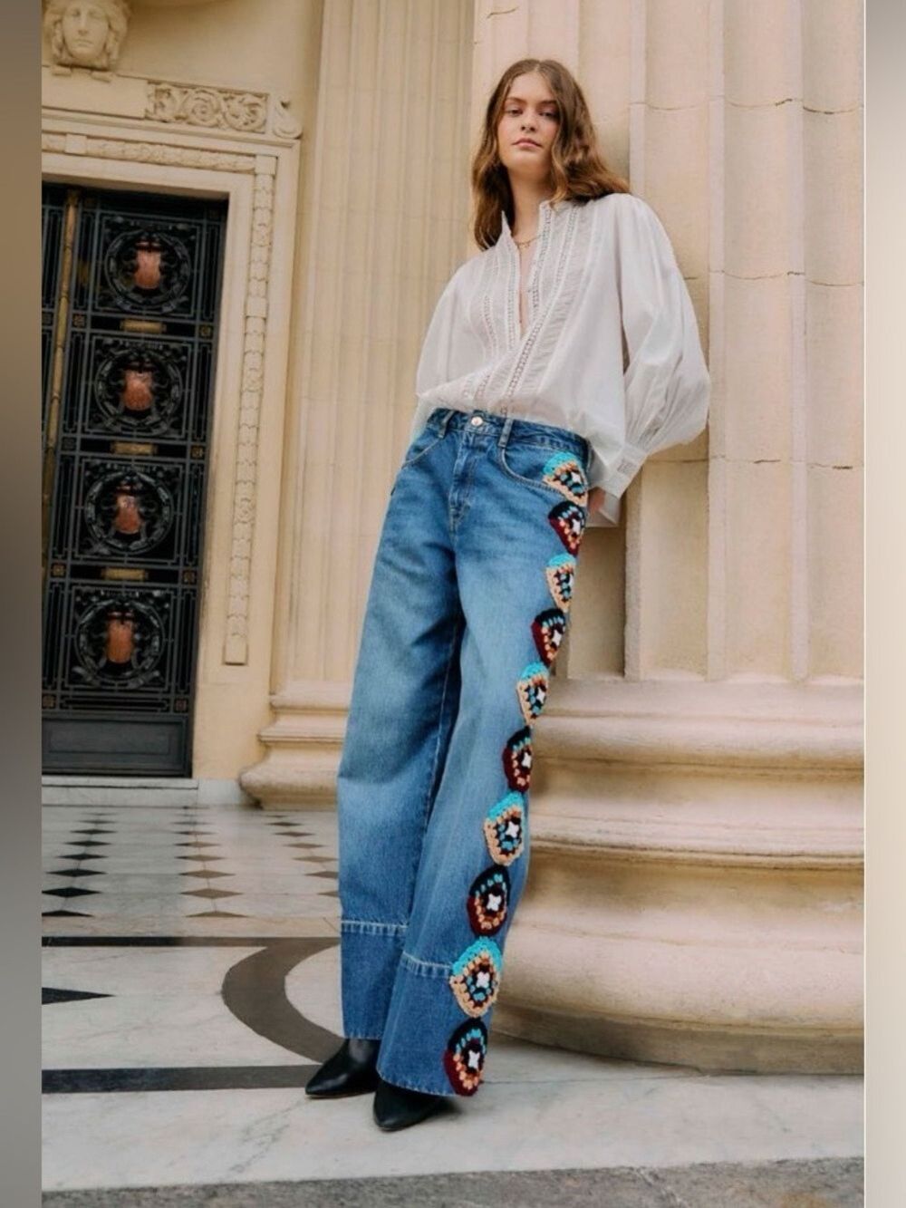 Farm Rio Stripes Crochet Denim Pants